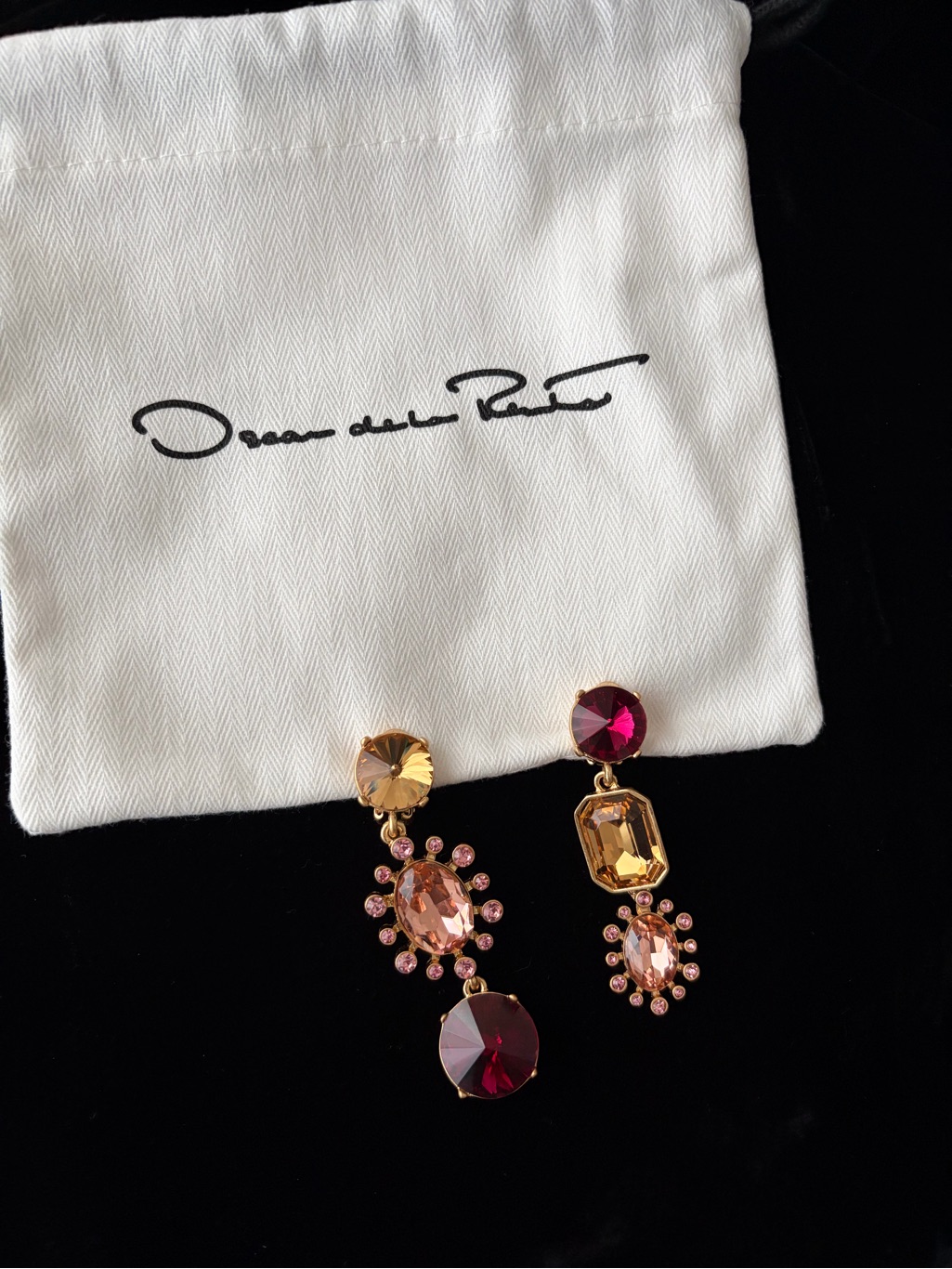 Oscar De La Renta Clip-On Mismatched Pink Crystal Drop Earrings